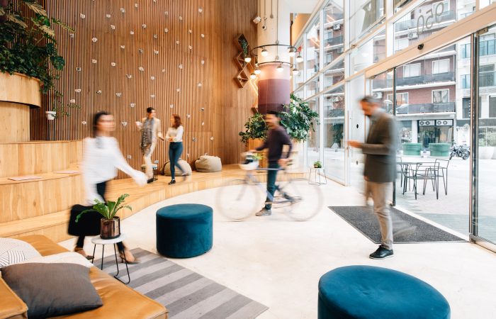 Commuters arriving to office lobby